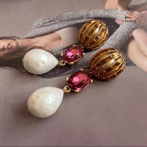 OSCAR de la RENTA Elegant Gold and Pink Drop Earrings MADE US Vintage Signed